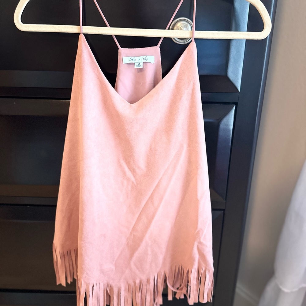 Pink suede fringe tank